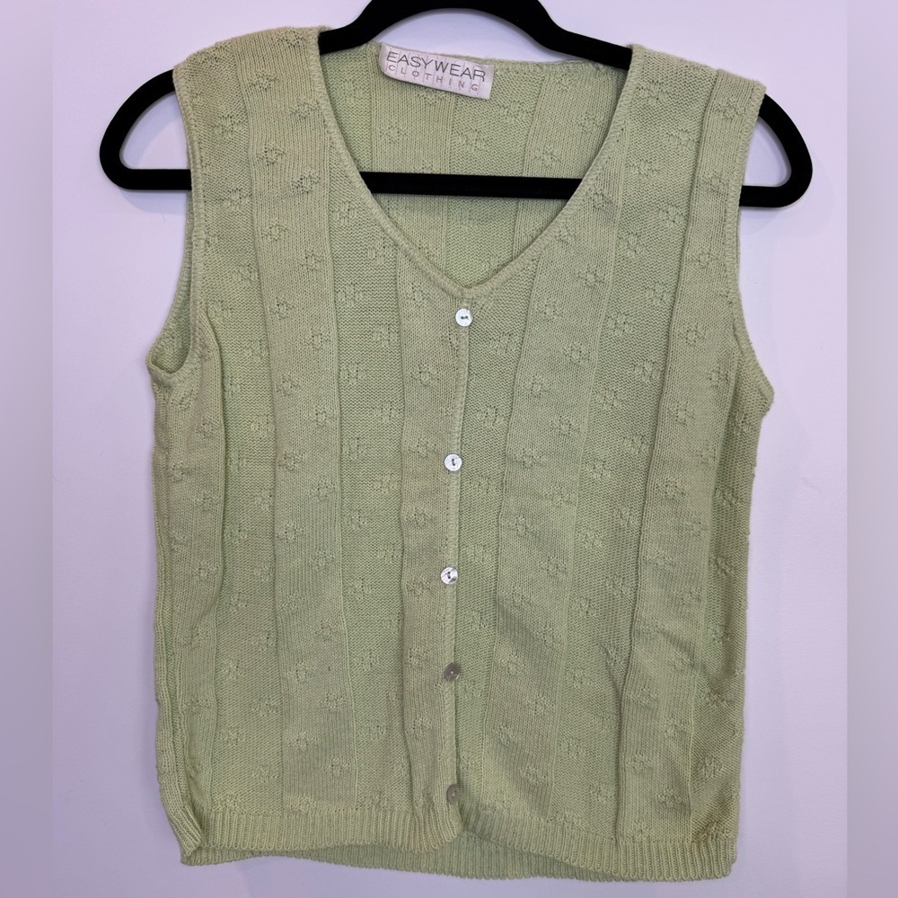 Vintage lime green pointelle Sweater Vest shell faux buttons